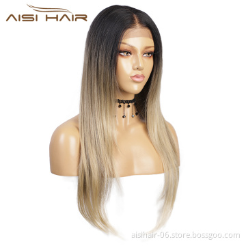 Aisi Hair Wholesale Ombre Blonde Dark Root Wig Long Silky Straight Lace Wig Synthetic Hair Lace Front Wigs For Black Women